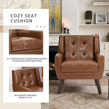 Faux Leather Accent Chair, Mid-Century Modern Upholstered Armchair, Comfy Living Room Chairs Reading Chairs with Button Tufted Back & Solid Wood Legs for Bedroom, Office, Coffee