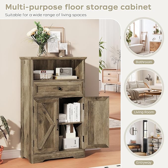 Floor Cabinet, Farmhouse Storage Cabinet with Barn Doors and Drawer, 11.81" D x 23.62" W x 39.37" H Grey Freestanding Adjustable Shelf Organizer for Bathroom, Kitchen, Living Room