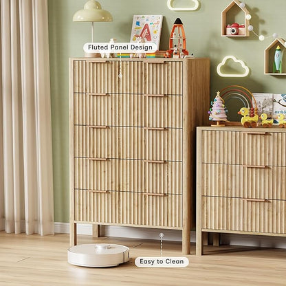 47" Tall Dressers for Bedroom Fluted 5 Drawer Dresser, Wooden Dresser Modern Chest of Drawers Dressers with Organizer Storage for Bedroom, Living Room, Entryway, Oak