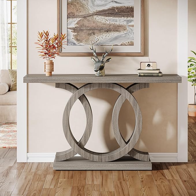 Tribesigns 55-Inch Console Table with Geometric Wood Base, Modern Entryway Table with Thick Tabletop for Living Room, Hallway, Foyer (Gray)