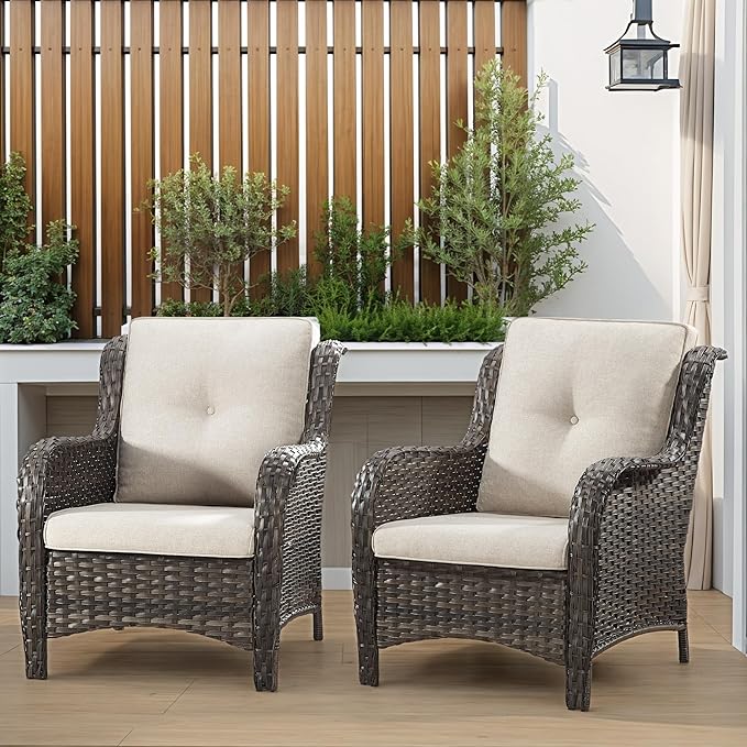 Patio Wicker Chairs Set of 2, Patio Rattan Dining Chairs with 3.5-inch Seat Cushions, High Back and Curved Armrest for Garden, Backyard, Balcony and Deck, Beige
