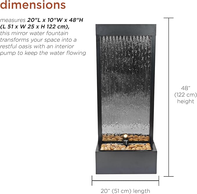 Alpine Corporation - Mirror Waterfall Fountain with Stones & Lights - Zen Indoor/Outdoor Decor for Office, Living Room, Patio, Entryway - 48 Inches (Silver)