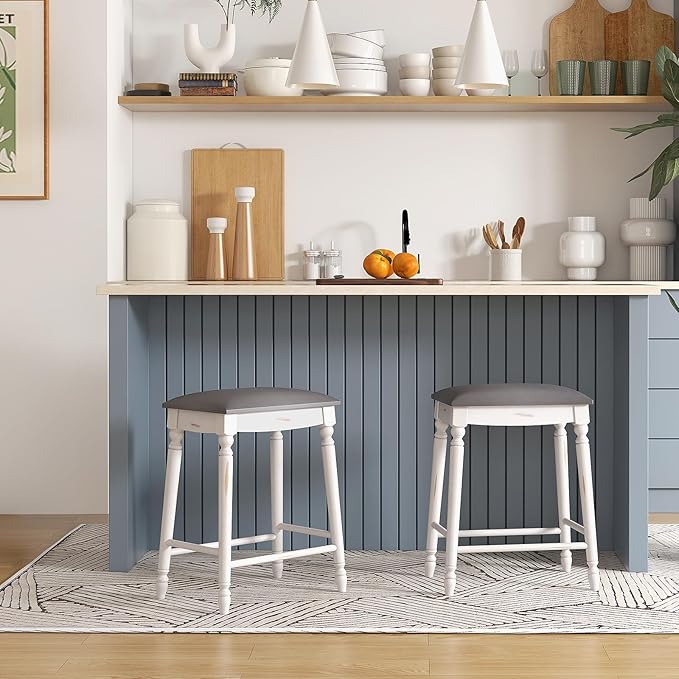 COSTWAY Upholstered Bar Stools Set of 2, 24-Inch Backless Counter Height Dining Stools with Delicate Wood Carving, Footrest, Solid Rubber Wood Frame, Farmhouse BarStools for Kitchen Island Bar, White