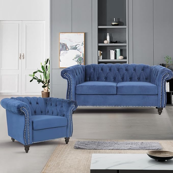 Velvet Loveseat Sofa, Mid Century Modern Upholstered Couch, 62" Oversized Comfy 2 Seater Love Seat Couch with Cushions, Tufted Chesterfield Sofa for Living Room, Bedroom, Apartment (Blue)