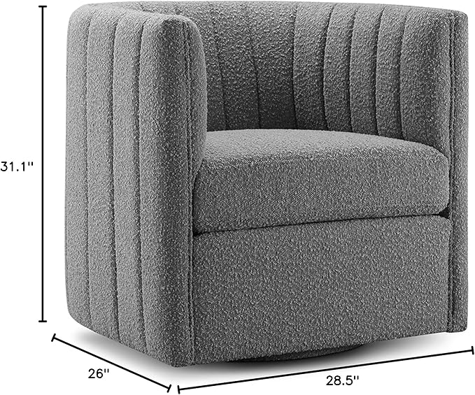 CHERS Rivet Mid-Century Modern Swivel Armchair, Bouclé Fabric Channel-Tufted Accent Chair, 360-Degree Rotating Lounge Chair with Ergonomic Design for Living Room, Bedroom, Home Theater, Gray