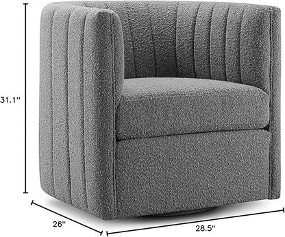 CHERS Rivet Mid-Century Modern Swivel Armchair, Bouclé Fabric Channel-Tufted Accent Chair, 360-Degree Rotating Lounge Chair with Ergonomic Design for Living Room, Bedroom, Home Theater, Gray