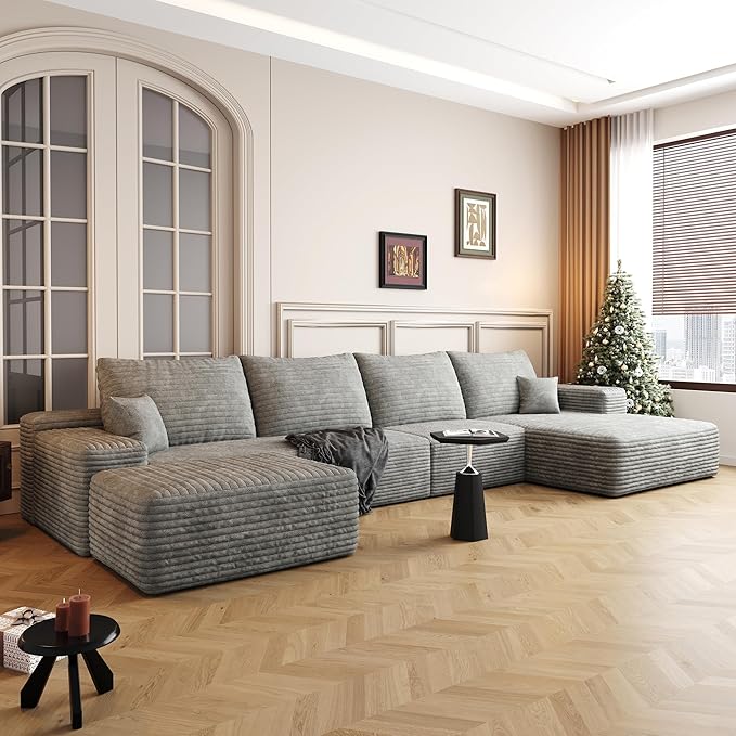 136" Sectional Couches for Living Room Modern Modular Sofa with L-Shape Couchs Upholstered Boneless Couch Deep Seat Sectional Couch with Chaise (Grey, Right Facing Chaise+3Seaters+Ottoman)