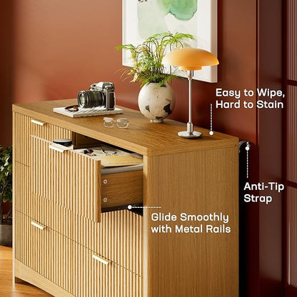 Marsail 6 Drawer Wooden Dresser with Smooth-Glide Drawers, Modern Storage Solution for Bedrooms, Living Rooms, and Hallways, Featuring Large Capacity and an Elegant Natural Wood Finish, Natural Oak