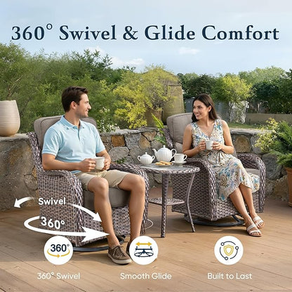 Belord Luxury 6" Thick Cushioned Outdoor Swivel Rocker Patio Chairs with Side Table, 3 Pieces High Back Wicker Furniture Set with Ergonomic Back, Conversation Gliders Set for Deck Porch - Brown+Grey
