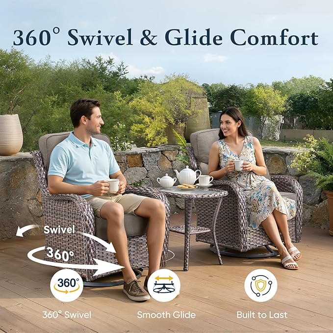 Belord Luxury 6" Thick Cushioned Outdoor Swivel Rocker Patio Chairs Set of 4 with Side Table, High Back Wicker Furniture Set with Ergonomic Zone Back, Conversation Set for Deck Porch - Brown+Grey