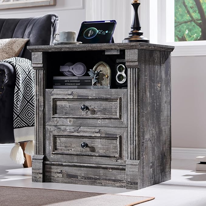 26" Tall 2 Drawers Dresser for Bedroom, Farmhouse 23.6" Wide Large Nightstand with Charging Station, Wood Rustic Side Table w/Roman Column, End Table for Bedroom, Living Room, Light Grey