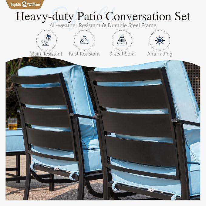 Sophia & William Patio Furniture Sets for 7 with 45" Gas Fire Pit Table Outdoor Conversation Sets 6 Pcs, 2 x Swivel Cushioned Sofa Chairs, 1x3-Seat Sofa, 2xOttomans for Backyard Poolside Blue