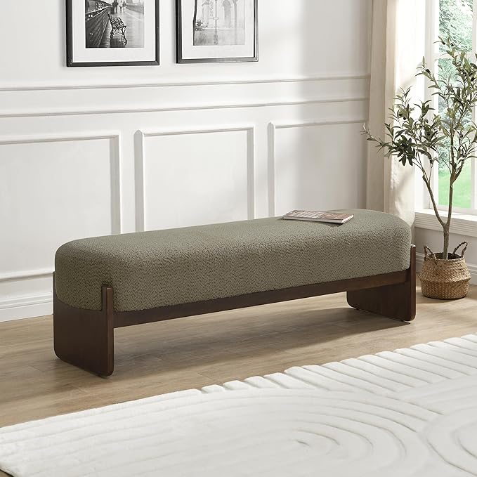 Christopher Knight Home Arden Minimalist Loop Yarn Fabric Dining Bench, Wooden Entryway Ottoman Bench, Modern Living Room Sofa Ottoman Footrest, Bedroom End of Bed Bench, Dark Green+Brown