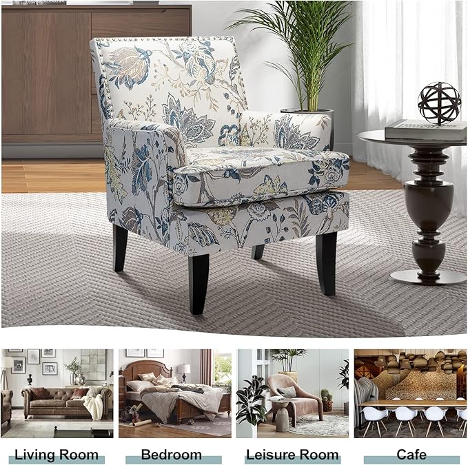 HULALA HOME Modern Accent Chair with Arms and Wooden Legs, Mid Century Accent Chair Armchair High Back Rest, Padded Armrest and Comfortable Cushioned Seat for Living Room (Blue Yellow Floral)