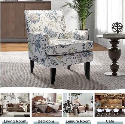 HULALA HOME Modern Accent Chair with Arms and Wooden Legs, Mid Century Accent Chair Armchair High Back Rest, Padded Armrest and Comfortable Cushioned Seat for Living Room (Blue Yellow Floral)