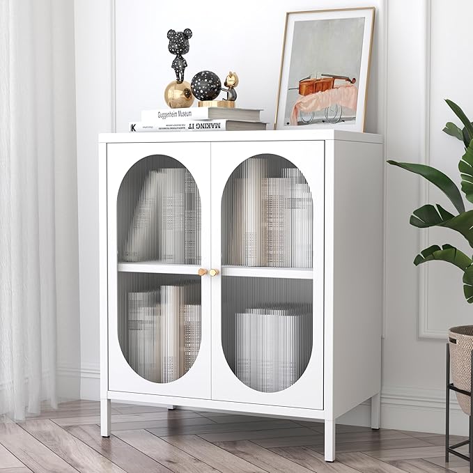 Small White Cabinet with High Feet, Metal Pantry Cabinet with Adjustable Shelf, Storage for Room, Office, Living Room,Dining Room,Sideboard, Hallway and Entryway