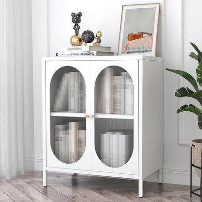 Small White Cabinet with High Feet, Metal Pantry Cabinet with Adjustable Shelf, Storage for Room, Office, Living Room,Dining Room,Sideboard, Hallway and Entryway