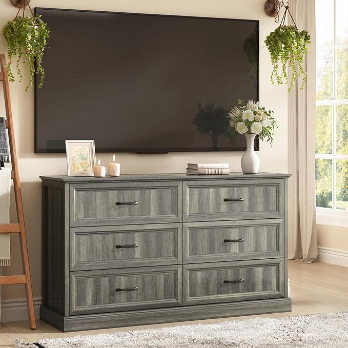 CARPETNAL Farmhouse 6 Drawer Dresser for Bedroom, 55 Inch Wide Modern Grey Dresser TV Stand with Large Drawers & Bar Handles, Rustic Wood Chest of Drawers for Bedroom, Living Room, Hallway, Entryway.