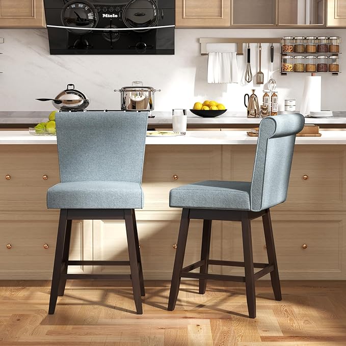 COSTWAY Swivel Bar Stools Set of 4, 27" Counter Height Bar Chairs with Rubber Wood Legs, Upholstered Linen Barstools with Back & Cushioned Seat, for Kitchen Island, Home, Pub, Grey