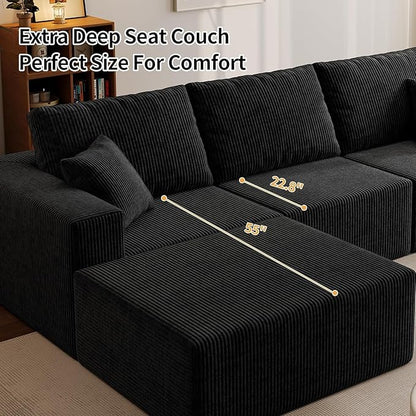 110" Boneless Cloud Sectional Couch for Living Room, Compressed Modular L-Shaped Sofa with Deep Seat, Frameless Corduroy Couch in Boxes, No Assembly Required 3-Seater (Left-Facing Chaise, Black)
