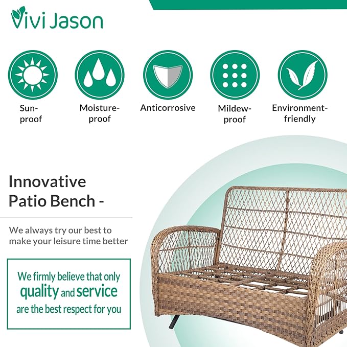 VIVIJASON 7-Piece Outdoor Patio Wicker Conversation Sets, All Weather Outdoor Rattan Furniture Set Includes Glider Loveseat, 2 Glider Rocker Chairs, 2 Swivel-Gliders Chairs, 2 Coffee Table Light Brown
