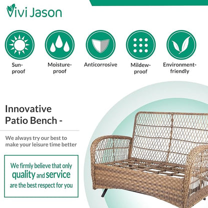 VIVIJASON 7-Piece Outdoor Patio Wicker Conversation Sets, All Weather Outdoor Rattan Furniture Set Includes Glider Loveseat, 2 Glider Rocker Chairs, 2 Swivel-Gliders Chairs, 2 Coffee Table Light Brown