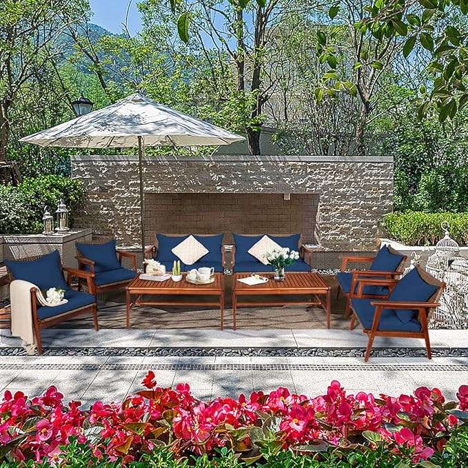 COSTWAY 4 Pieces Acacia Wood Patio Conversation Set, Outdoor Wicker Sofa with Coffee Table & Cushions, Patio Rattan Furniture Set for Yard, Porch, Poolside, Balcony, Backyard, Navy