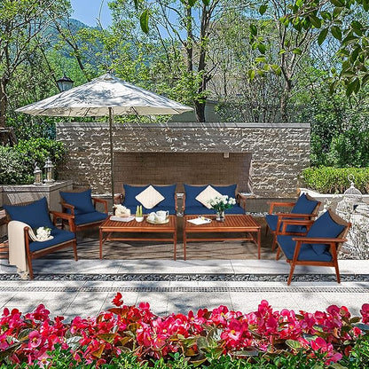 COSTWAY 4 Pieces Acacia Wood Patio Conversation Set, Outdoor Wicker Sofa with Coffee Table & Cushions, Patio Rattan Furniture Set for Yard, Porch, Poolside, Balcony, Backyard, Navy