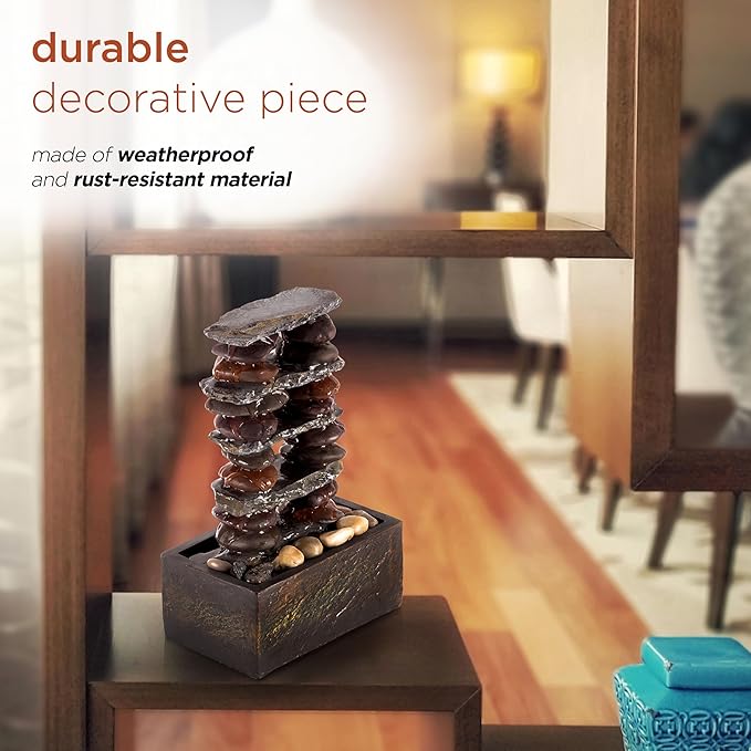 Alpine Corporation TT8002 Indoor/Outdoor Tabletop Stacked Rocks Eternity Fountain, Modern Rocks Tabletop Fountain 12", Brown