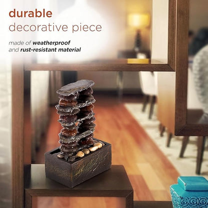 Alpine Corporation TT8002 Indoor/Outdoor Tabletop Stacked Rocks Eternity Fountain, Modern Rocks Tabletop Fountain 12", Brown