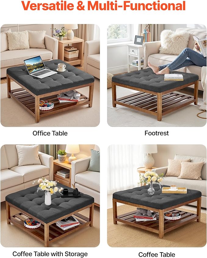 VEVOR Large Square Ottoman Coffee Table, 34.5 Inch Tufted Coffee Table with Solid Wood Shelf Storage, Linen Solid Upholstered Footrest Ottoman for Bedroom Living Room, 400 LBS, Dark Grey