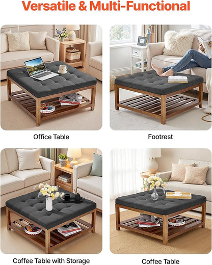 VEVOR Large Square Ottoman Coffee Table, 34.5 Inch Tufted Coffee Table with Solid Wood Shelf Storage, Linen Solid Upholstered Footrest Ottoman for Bedroom Living Room, 400 LBS, Dark Grey