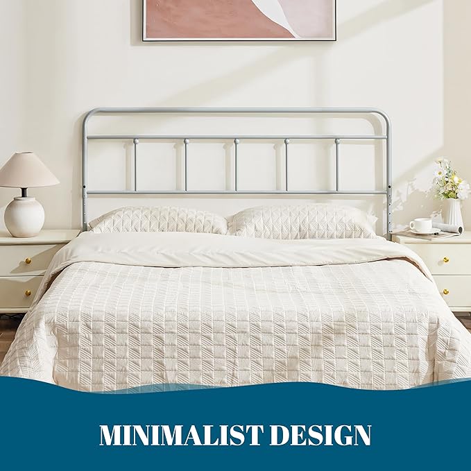 Metal Headboard Queen Size, Sturdy and Durable Iron Queen Headboard Only Adjustable Height from 34” to 44”, Victorian Vintage Bed Headboards, Farmhouse Head Board, Bed Frame Mount Grey