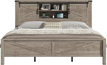 AMERLIFE Farmhouse King Bed Frame, Rustic Wood Platform Bed w/Barn Door Storage Bookcase Headboard & Charging Station, Bedroom Furniture, No Box Spring Needed, Light Grey