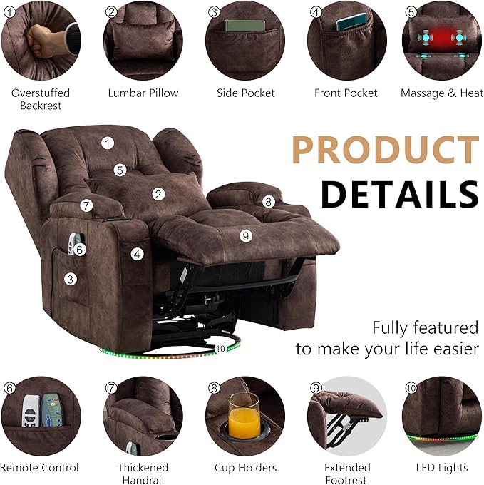 Power Swivel Rocker Recliner Chairs, Electric Wall Hugger Reclining Sofa with Massage & Heat, Comfy Theater Seating Single Chair with LED Light/USB/Type-C Ports (Velvet Brown, Set of 2)
