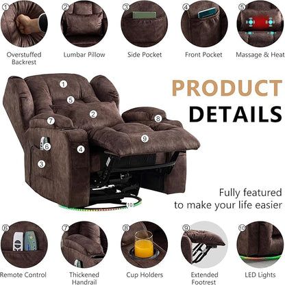 Power Swivel Rocker Recliner Chairs, Electric Wall Hugger Reclining Sofa with Massage & Heat, Comfy Theater Seating Single Chair with LED Light/USB/Type-C Ports (Velvet Brown, Set of 2)