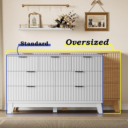 57" Long Dresser for Bedroom, 7-Drawer Fluted Chest, Wide Wood Storage Dresser with Metal Slides and Handles, Stable Base, Modern Clothes Organizer for Primary Suite, Guest Room, Nursery