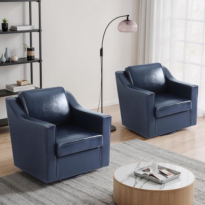 UIXE Faux Leather Swivel Accent Chair Set of 2, Upholstered Arm Chair for Living Room, Modern Club Armchair Comfy Single Sofa Bedroom Reading Seat with Lumbar Pillow - Navy Blue