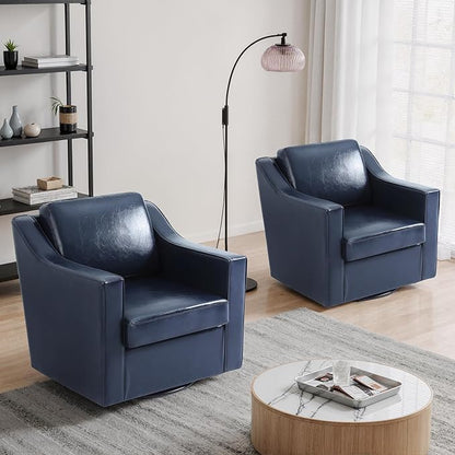 UIXE Faux Leather Swivel Accent Chair Set of 2, Upholstered Arm Chair for Living Room, Modern Club Armchair Comfy Single Sofa Bedroom Reading Seat with Lumbar Pillow - Navy Blue