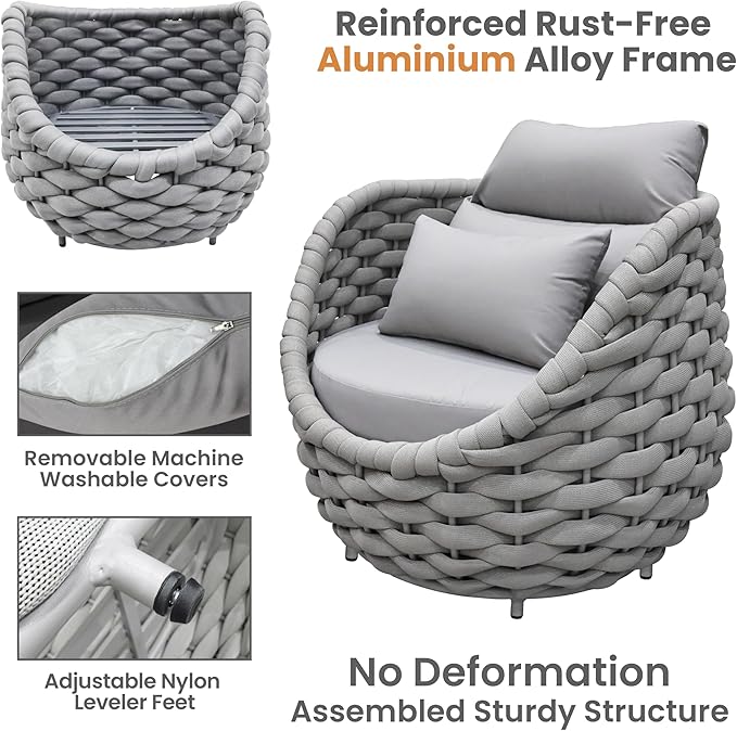 Aluminum Rope Patio Furniture Set: 6 Pieces Assembled Outdoor Conversation Sofa Set for 7 - Modern Metal Couch Set Cushioned - All Weather Porch Seating for Deck Garden Pool Lanai Hotel, Gray