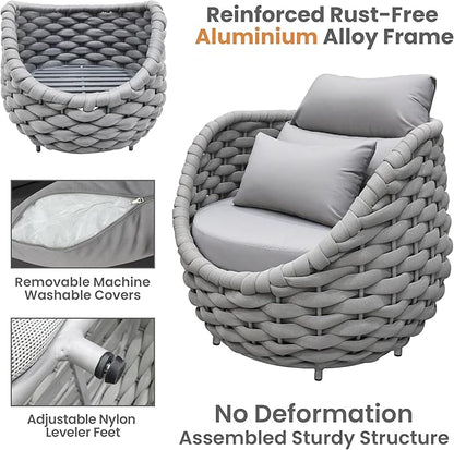 Aluminum Outdoor Patio Couch Set: 5 Pieces Woven Rope Porch Furniture Sofa Set - Metal Modern Deck Conversation Set - All Weather Assembled Courtyard Seating for Backyard Pool Hotel Resort, Grey