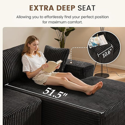 Apicizon 113" Sectional Sofa Couch for Living Room, 3 Seat Boneless Sofa with Chaise Longue, L-Shape Modular Sectional Couches with Deep Seat for Apartment，No Assembly Required (Stripe Corduroy Black)
