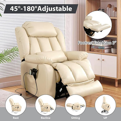 EDILLY Large Reclining Lift Chair, Dual Motor Massage Chair, Genuine Leather Recliner with Heating and Massage for Seniors, with Double Lumbar Cushion and Extended Footrest, USB Port(Beige)
