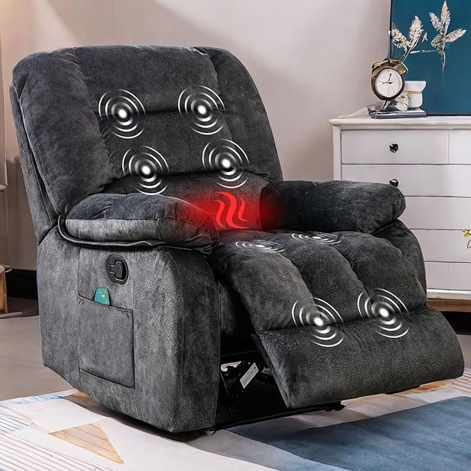 ANJHOME Massage Recliner Chairs with Heat and Vibration,Overstuffed Manual Rocking Reclining Chair for Living Room Bedroom (Grey)