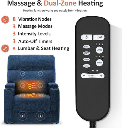 MCombo Lay Flat Dual Motor Power Lift Recliner Chair with Massage & Dual Heating, Arm Storage, Extended Footrest, USB A/C Ports & Cup Holders, Infinite Position for Elderly, Fabric LC002 (Navy)