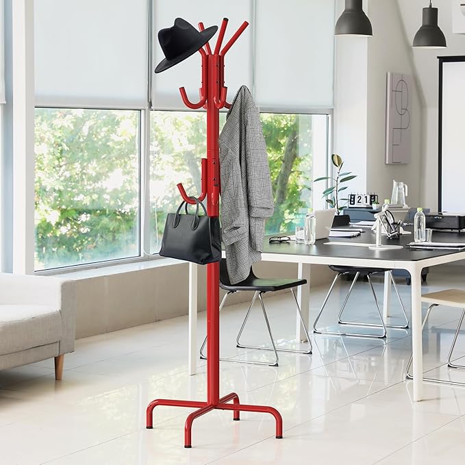Simple Houseware Standing Coat and Hat Hanger Organizer Rack, 12 Hooks, Red