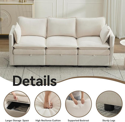 80" Cloud Modular 3 Seater Sofa with Storage, Modern Upholstered Storage Sofa Couch Deep Seat, Sectional Sofa Chenille Comfy Couch with Armrests for Living Room, Small Space, Beige