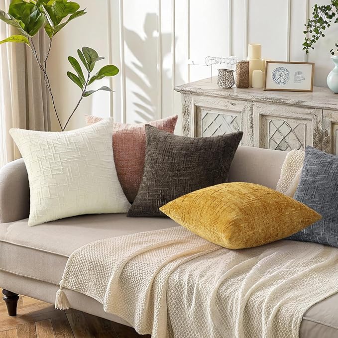 decorUhome Pink Chenille Throw Pillow Covers 26x26 Set of 2 Thick Textured Slubby Couch Pillow Covers Farmhouse Accent Modern Neutral Decorative Pillow Cases for Bed Sofa Living Room