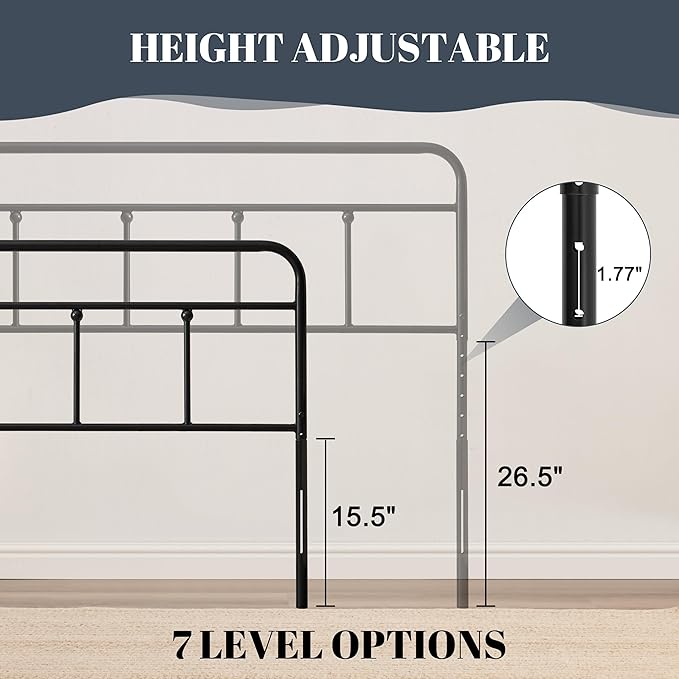 Metal Full Size Headboard, Sturdy and Durable Iron Headboard Adjustable Height from 34” to 44”, Victorian Vintage Full XL Bed Headboards, Farmhouse Head Board, Bed Frame Mount Black
