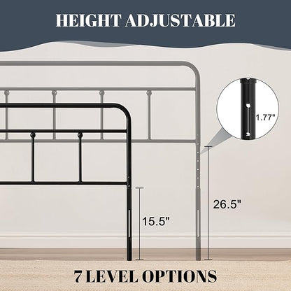 Metal Full Size Headboard, Sturdy and Durable Iron Headboard Adjustable Height from 34” to 44”, Victorian Vintage Full XL Bed Headboards, Farmhouse Head Board, Bed Frame Mount Black